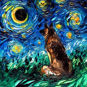German Shepherd Art Starry Night Art Print dog lover gift cute art by Aja pup puppy choose size and type of paper