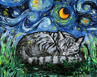 Sleeping Gray Tabby Cat Art CANVAS print Starry Night Ready to Hang wall decor artwork display by Aja animal home Moon stars landscape