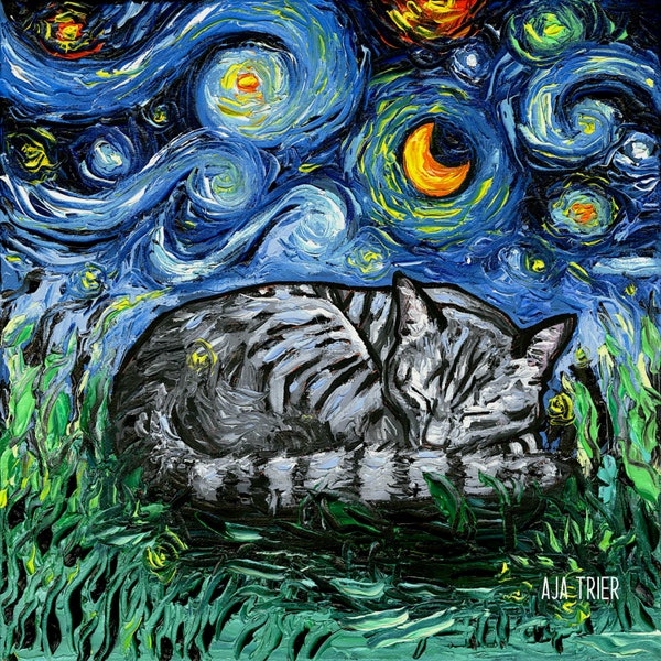 Sleeping Gray Tabby Cat Art CANVAS print Starry Night Ready to Hang wall decor artwork display by Aja animal home Moon stars landscape