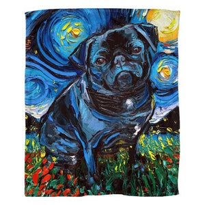 Fleece Throw Blanket - Black Pug Starry Night Dog 60x50 Inch Art By Aja Home Decor Soft Housewares Cozy microfiber Bedroom Couch Artwork