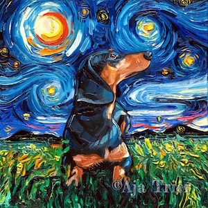 Black and Tan Short haired Dachshund Art Starry Night Art Print dog lover gift cute art pup puppy by Aja choose size and type of paper