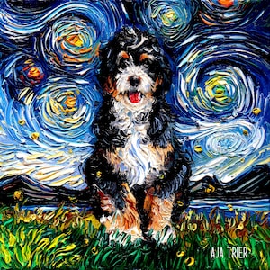 Bernedoodle Art Starry Night Art Print dog lover gift cute art by Aja Animal choose size and type of paper Bernese Mountain Dog Poodle Mix