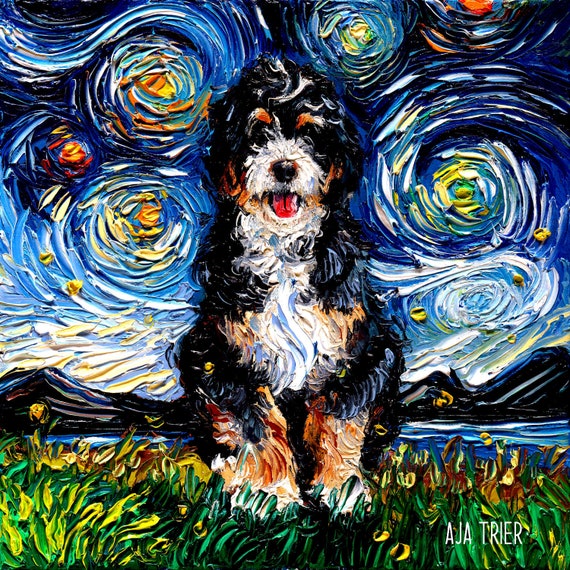 Bernedoodle Art Starry Night Art Print dog lover gift cute art by Aja Animal choose size and type of paper Bernese Mountain Dog Poodle Mix