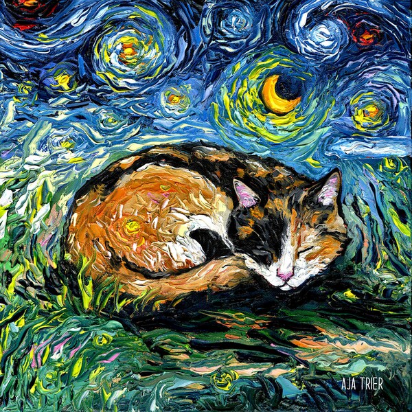 Sleeping Calico Cat Starry Night Art Print picture by Aja choose size, Photo Paper Watercolor Paper artwork home decor pet kitty moon