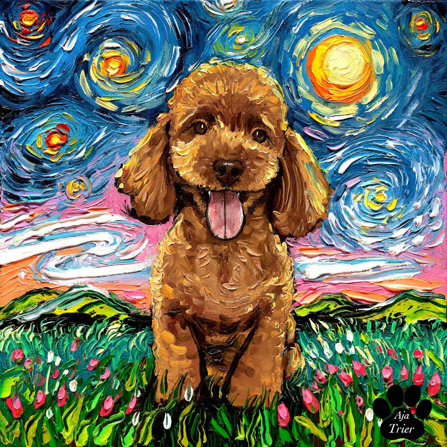 Apricot Poodle Night Art CANVAS Print Starry Night Dog Ready to