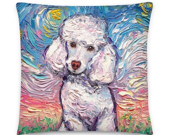 White Toy Poodle Puppy Pastel Starry Night Basic Throw Pillow Art by Aja comes with insert stuffed home decor accent pillow