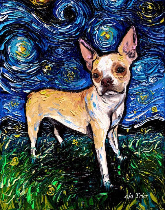 Cute Boston Terrier Wall Art Print Dog Starry Night van Gogh Decor by Aja 