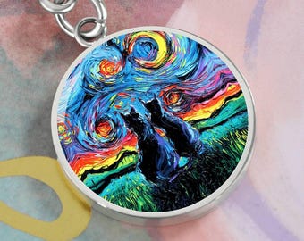 Black Cat Sisters Keychain Engraved Starry Night Charm, Personalized Cat Lover Gift Pet Memorial