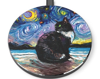 Wireless Phone Charger - Green Eyed Tuxedo Cat on Beach Starry Night Desktop Accessories iPhone Android Charging Station Art by Aja