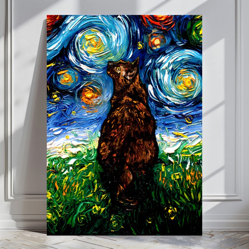 Starry Night Canvas Print Tortoiseshell Cat Art by artist Aja Trier of Sagittarius Gallery Tortie Cat Lover Gift