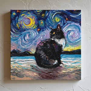May include: A black and white cat with a white patch on its chest is sitting on a beach. The background is a blue and purple starry night sky with swirling clouds. The painting is done in a thick, impasto style.