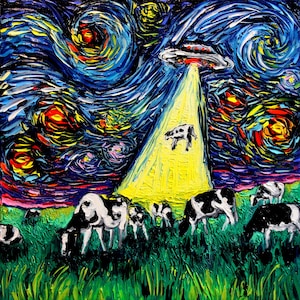 Starry Night UFO Cow Art print van Gogh Was Never Abducted by Aja 8x8, 10x10, 12x12, 20x20, and 24x24 inches Alien Abduction Sci Fi Art