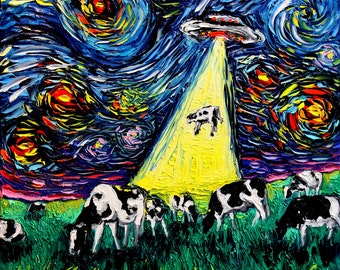 Starry Night UFO Cow Art print van Gogh Was Never Abducted by Aja 8x8, 10x10, 12x12, 20x20, and 24x24 inches Alien Abduction Sci Fi Art