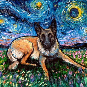 Belgian Malinois Art - Starry Night print by Aja choose size, Photo Paper or Watercolor Paper artwork home decor