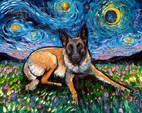 Belgian Malinois Art Starry Night Print By Aja Choose Size Singapore - Belgian Malinois Home Decor Belgian Malinois Art Starry Night Print By Aja Choose Size Singapore - Belgian Malinois Home Decor