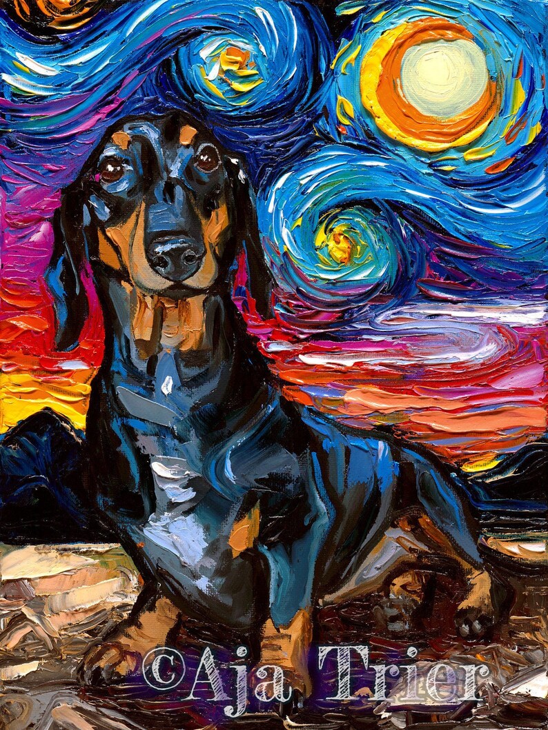 Black and Tan Dachshund 2 Dog Rectangular Art CANVAS print Starry Night Ready to Hang wall decor artwork display by Aja Doxie image 1