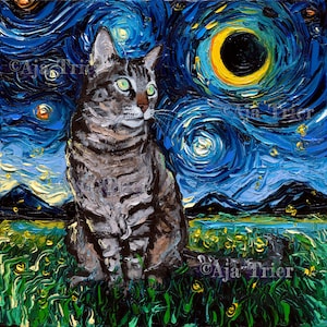 Gray tabby Cat Art CANVAS print Starry Night Ready to Hang wall decor artwork display by Aja animal home tiger grey kitty