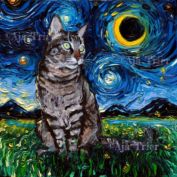 Gray tabby Cat Art CANVAS print Starry Night Ready to Hang wall decor artwork display by Aja animal home tiger grey kitty