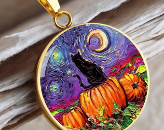 Engraved Black Cat Necklace: Starry Night Halloween Pumpkin Pendant