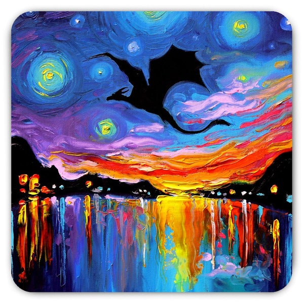 Magnet - Flying Dragon Silhouette Starry Night Sunset Refrigerator Magnet 3x3 Or 4x6 Inch Sizes Fantasy Landscape Home Decor By Aja