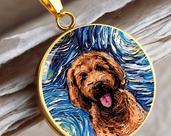 Goldendoodle Halsband, Stjärnklar Natt Aprikos Klotter Porträtt, Personlig Graverad Berlock