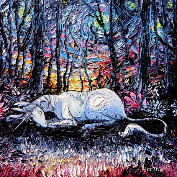 Last Unicorn Art - Starry Night Giclee print Dreams by Aja fantasy artwork choose size and type of paper