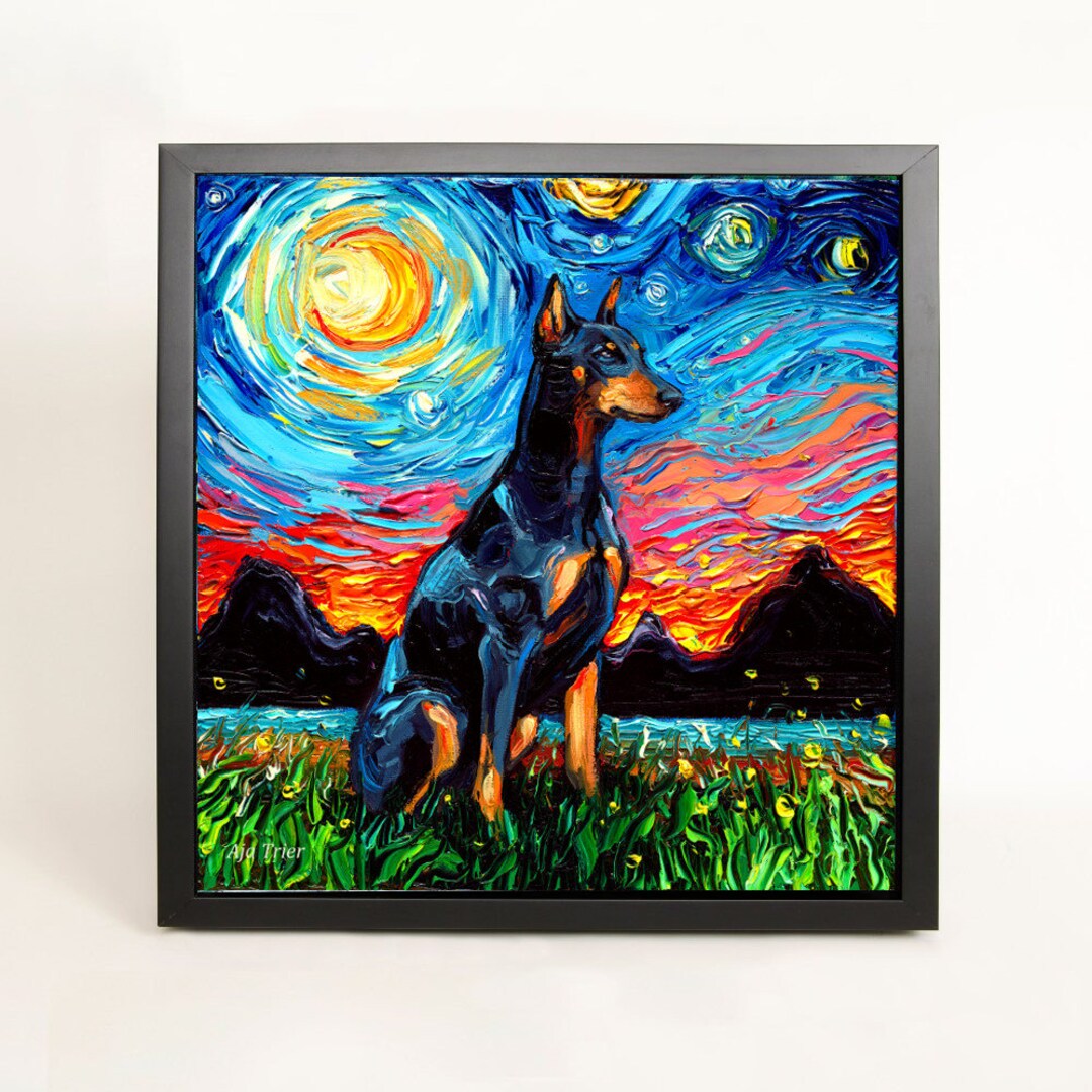 Doberman Pinscher Art FRAMED CANVAS Print Starry Night Dog Artwork