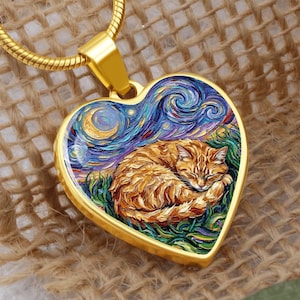 Orange Tabby Cat Necklace - Starry Night Jewelry Custom Heart Pet Pendant