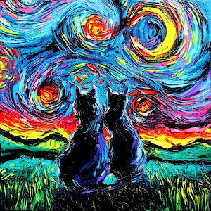 May include: Two black cats silhouetted against a vibrant, swirling, abstract background reminiscent of Van Gogh's Starry Night. The background features a mix of blue, yellow, red, and purple hues.