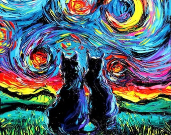 van Gogh&#39;s Cats Art CANVAS print Starry Night feline black cat colorful wall decor Aja Choose size pet animal colorful home decor wall art