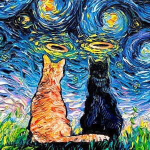 May include: A painting of two cats sitting in front of a starry night sky. The sky is painted in a swirling, abstract style with shades of blue, yellow, and white. The cats are facing each other, one is orange and the other is black. The painting is signed "AJA TRIER" in the bottom right corner.