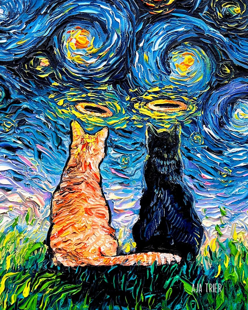 May include: A painting of two cats sitting in front of a starry night sky. The sky is painted in a swirling, abstract style with shades of blue, yellow, and white. The cats are facing each other, one is orange and the other is black. The painting is signed "AJA TRIER" in the bottom right corner.