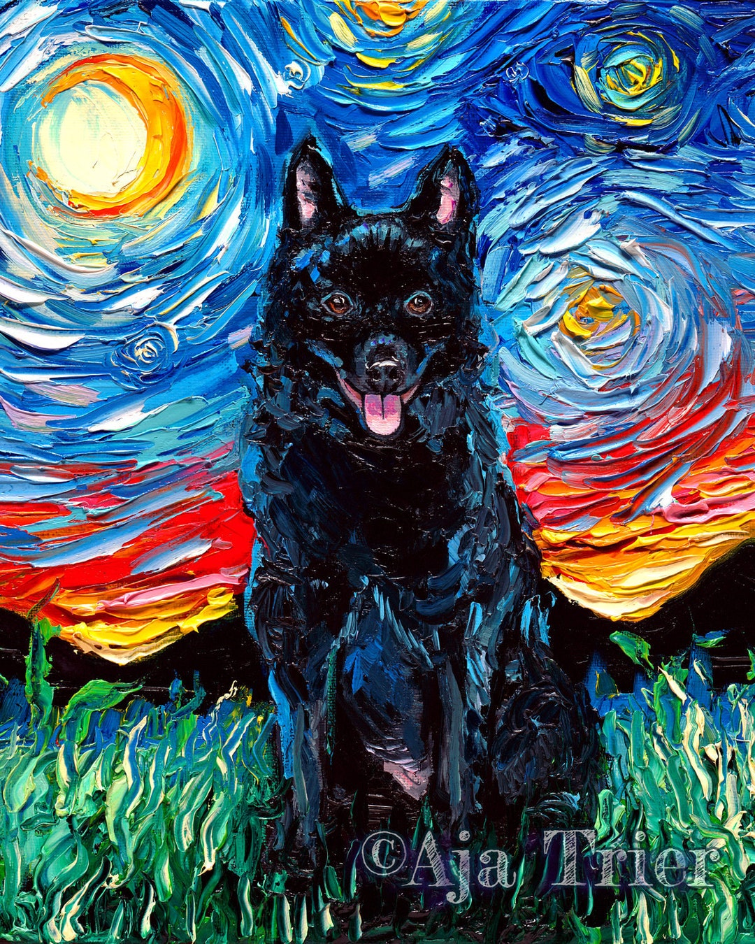 Schipperke Art 8x10 Starry Night Print Dog Lover Gift Cute Art by