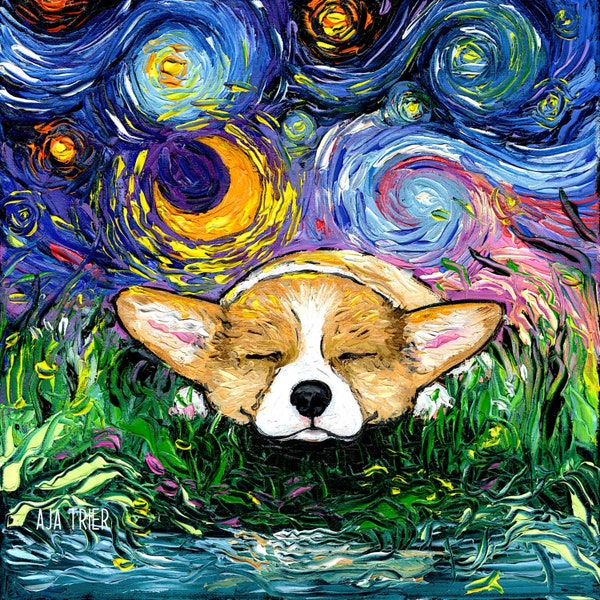 Sleeping Pembroke Welsh Corgi Dog Art CANVAS print Starry Night Ready to Hang wall decor artwork display by Aja animal home Moon stars