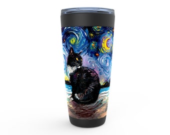 Tuxedo Cat On Beach Starry Night Viking Tumbler Insulated Stainless Steel Drinkware Art By Aja