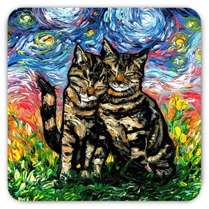 Magnet - Two Sweet Brown Tabby Cats Colorful Tabbies  Starry Night Art By Aja Animal Refrigerator Magnet 3x3 Or 4x6 Inch Sizes Choose