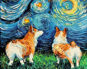 Corgi Art Starry Night Art Print dog art by Aja choose size and type of paper Corgi Butt pet owner pup puppy funny cute artwork