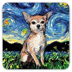 May include: Square coaster featuring a Chihuahua dog in a painting style reminiscent of Van Gogh's "Starry Night." The artwork depicts the dog sitting in a field of green grass with a swirling blue and yellow sky background.