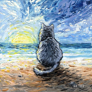 Nebelung Cat Sunset Beach Art Print by artist Aja Trier of Sagittarius Gallery