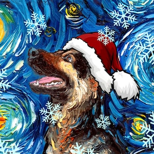 Digital Download of German Shepherd in a Santa hat Starry Night art by Aja - PNG file print your own Christmas ornament / greeting card