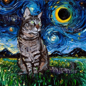 Tabby Night Cat Starry Night Art Print picture by Aja choose size, Photo Paper Watercolor Paper artwork home decor pet night moon tiger cat