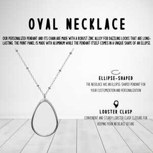 May include: Silver oval necklace with a chain and lobster clasp. The pendant is ellipse-shaped and made of zinc alloy. Text on the image reads "OVAL NECKLACE" and describes the materials and features.