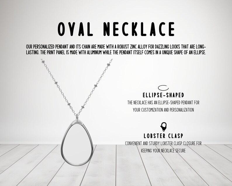 May include: Silver oval necklace with a chain and lobster clasp. The pendant is ellipse-shaped and made of zinc alloy. Text on the image reads "OVAL NECKLACE" and describes the materials and features.