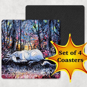 Coasters - Set of 4 Square Starry Night Unicorn Sleeping 4x4 in anti-skid Neoprene rubber back and fabric top Fantasy Art by Aja