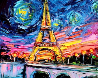 Eiffel Tower Art - Starry Night Giclee print van Gogh Never Saw Eiffel by Aja impressionism van Gogh style Choose size and type of paper