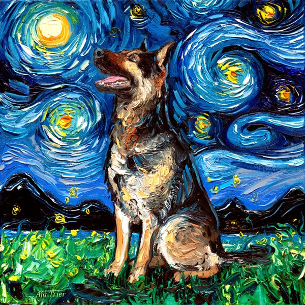 German Shepherd Profile Art Starry Night Art Print dog lover gift cute art by Aja pup puppy choose size and type of paper