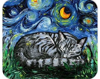 Mousepad - Sleeping Gray Tabby Cat Starry Night Computer Desk Accessories Home Office Decor Mouse Pad 7.75x9.25 Inches