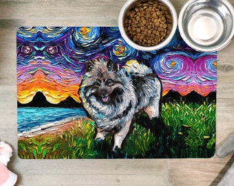 Pet Mat - Keeshond Starry Night Dog Feeding Mat Non-Slip Rubber 12x18 inches Art by Aja Printed in the USA Animal Artwork Home Decor
