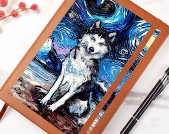Skórzany dziennik Husky z pamiętnikiem Gwiaździstej Nocy, prezent artystyczny dla psa zaprzęgowego