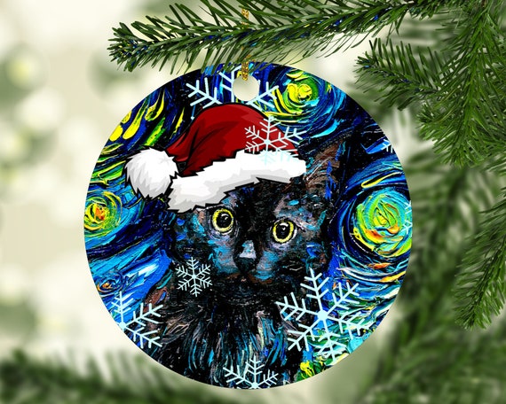 Black Cat Christmas Ornament Ceramic Starry Night Holiday Decor